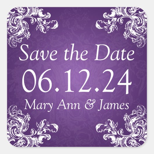 Bruiloft Bewaar de datum  wervelingen 2 Paarse Vierkante Sticker (Voorkant)