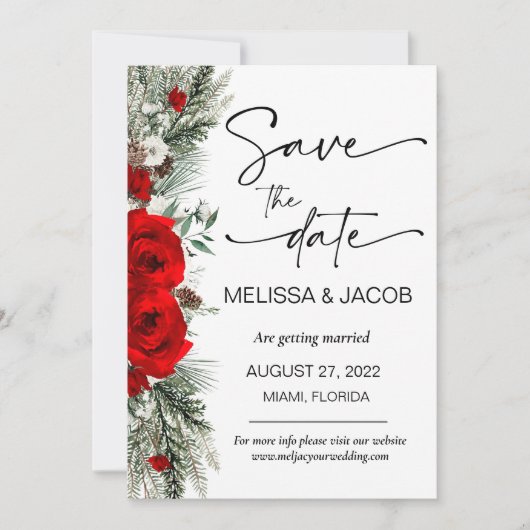 Bruiloft Bewaar de datum Winter Red Rose  Kaart (Voorkant)