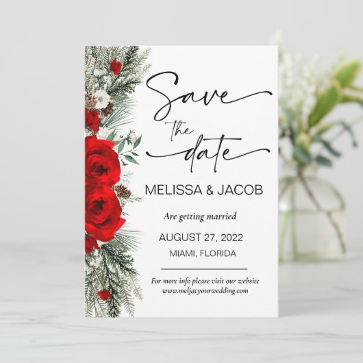 Bruiloft Bewaar de datum Winter Red Rose  Kaart (Staand voorkant)