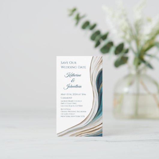 Bruiloft Bewaar onze Datum- Modern Blauw en Goud- Visitekaartje (Staand voorkant)