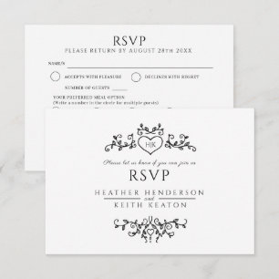Bruiloft blad kunst monogram zwart wit maaltijd br RSVP kaartje