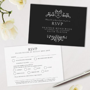 Bruiloft blad kunst monogram zwart wit maaltijd br RSVP kaartje