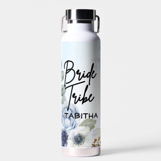 Bruiloft Blauw Bloemen "Bruid Tribe" aangepaste na Waterfles (Voorkant)