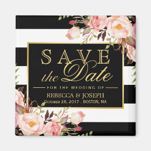 Bruiloft Bloemen Zwart Wit Strepen Save the Date Magneet