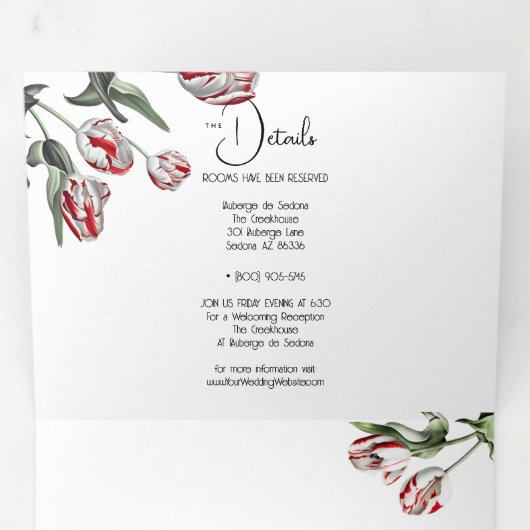 Bruiloft | Bloemenrode en witte Rembrandt Tulpen Drieluik Uitnodiging (Binnenzijde eerst)