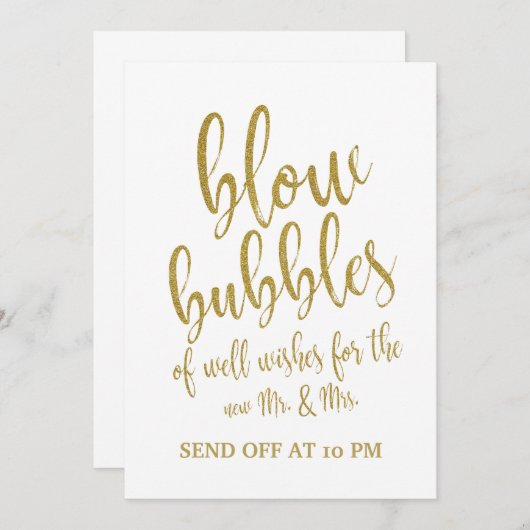 Bruiloft bord 'Bubbles Send Off' van goud - betaal Kaart (Voorkant / Achterkant)