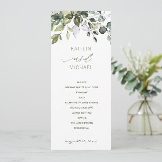 Bruiloft Botanische Waterverf groen elegant Programma (Staand voorkant)