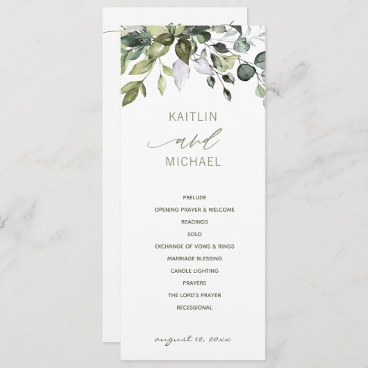Bruiloft Botanische Waterverf groen elegant Programma (Voorkant / Achterkant)