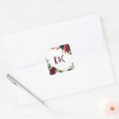 Bruiloft Bourgondië & Marine Bloemen Geometrisch Vierkante Sticker (Envelop)