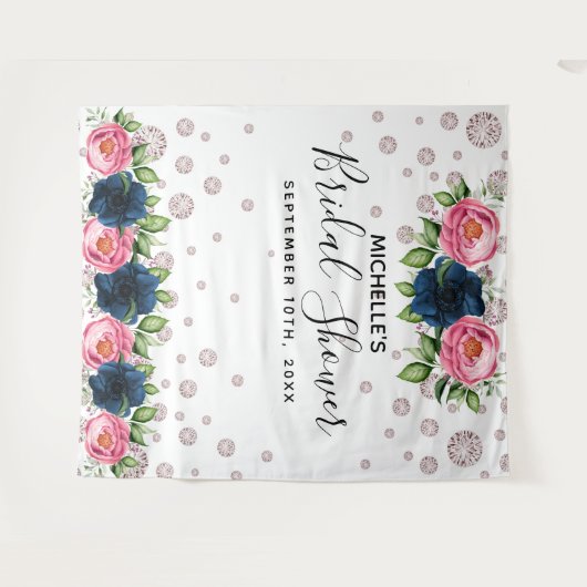 Bruiloft Bridal Shower blauw roze bloemen witte di Wandkleed (Voorkant (horizontaal))