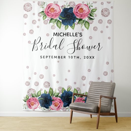 Bruiloft Bridal Shower blauw roze bloemen witte di Wandkleed (In situ)