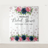 Bruiloft Bridal Shower blauw roze bloemen witte di Wandkleed (Voorkant)
