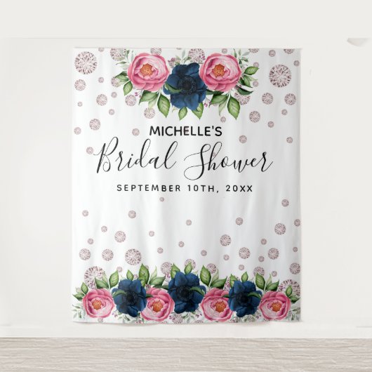 Bruiloft Bridal Shower blauw roze bloemen witte di Wandkleed (Voorkant)