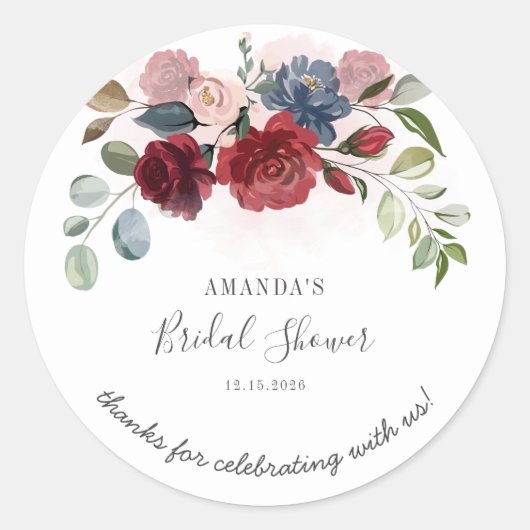 Bruiloft Bridal Shower Burgundy Rustic Bloemend Sc Ronde Sticker (Voorkant)