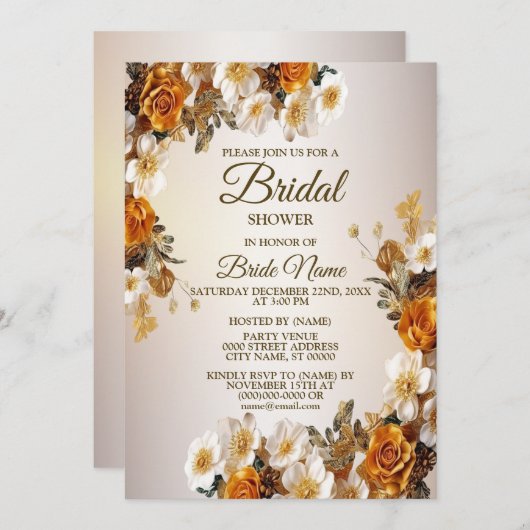 Bruiloft Bridal Shower Feest Gouden Witte Bloemen Kaart (Voorkant / Achterkant)