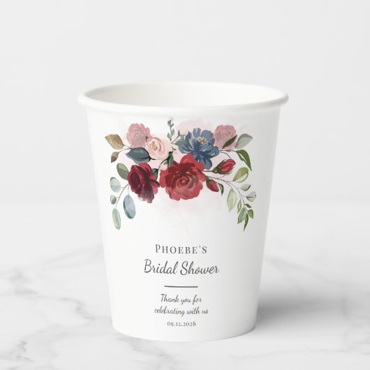 Bruiloft Bridal Shower Modern Bourgondië Blush Blo Papieren Bekers (Voorkant)