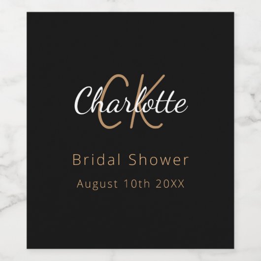 Bruiloft Bridal Shower zwart goud monogram Wijn Etiket (Enkel label)