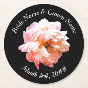 Bruiloft bruid en bruidegom perzik pioen ronde kartonnen onderzetter