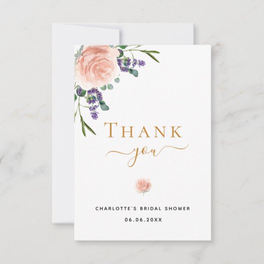 Bruiloft bruidsboeket bloem roze goud roze lavende bedankkaart (Voorkant)