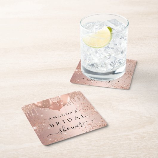 Bruiloft bruidsfeest roze gouden glinsterende ball vierkante kartonnen onderzetter (Insitu)