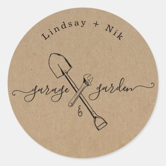 Bruiloft & Bruidspaarfeest Garage & Tuin Ronde Sticker (Voorkant)