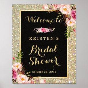 Bruiloft Bruidsshower Bord Goud Glitter Bloemen Poster