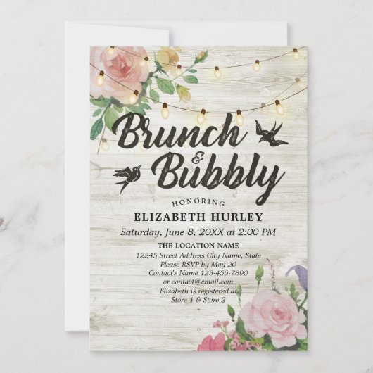 Bruiloft brunch & bubbels met bloem slingerlampjes kaart (Voorkant)
