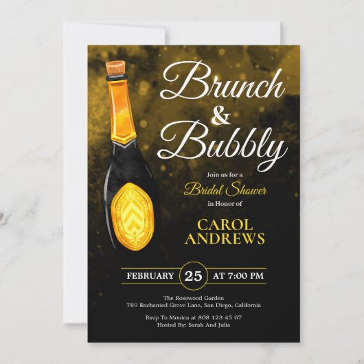 Bruiloft Brunch en Bubbel Zwart & Goud Bruidsfeest Kaart (Voorkant)