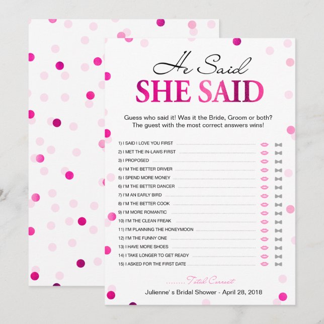 Bruiloft Brunch Hij Zei Zij Zei | Magenta Confetti (Voorkant / Achterkant)