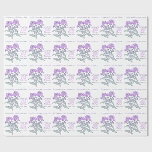 Bruiloft chrysant paarse naam datum wrap cadeaupapier (Vlak)