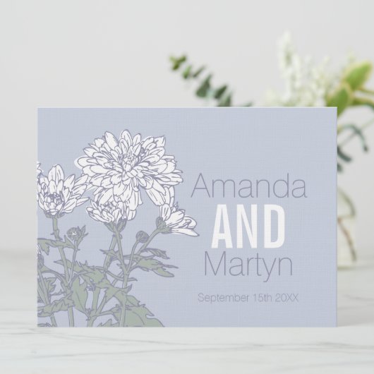 Bruiloft chrysant witte bloem op grijze bruiloft kaart (Staand voorkant)