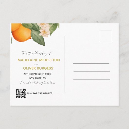 Bruiloft Citrus Sinaasappels Overlay Save the Date Aankondigingskaart (Achterkant)
