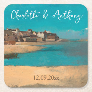 Bruiloft Creatief Dorp Zee Sky Impressionist Vierkante Kartonnen Onderzetter