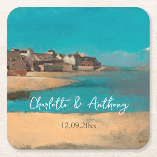 Bruiloft Creatief Dorp Zee Sky Impressionist Vierkante Kartonnen Onderzetter