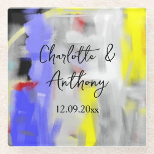 Bruiloft Creatieve Abstracte Kunst Blauw Geel Wit Glazen Onderzetter