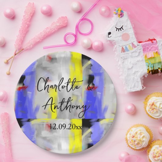 Bruiloft Creatieve Abstracte Kunst Blauw Geel Wit Papieren Bordje (Feest)