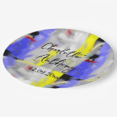 Bruiloft Creatieve Abstracte Kunst Blauw Geel Wit Papieren Bordje (Gekanteld)