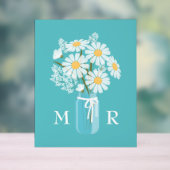 Bruiloft Daisies Mason Jar Monogram Initiaal Blauw Acryl Bord (Neutraal)