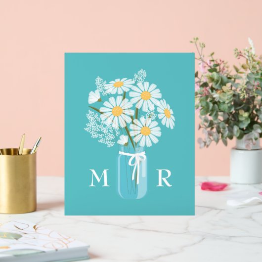 Bruiloft Daisies Mason Jar Monogram Initiaal Blauw Acryl Bord (Huwelijk)