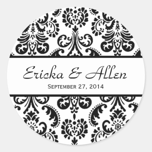 Bruiloft Damask Zwart-wit V01 Ronde Sticker (Voorkant)
