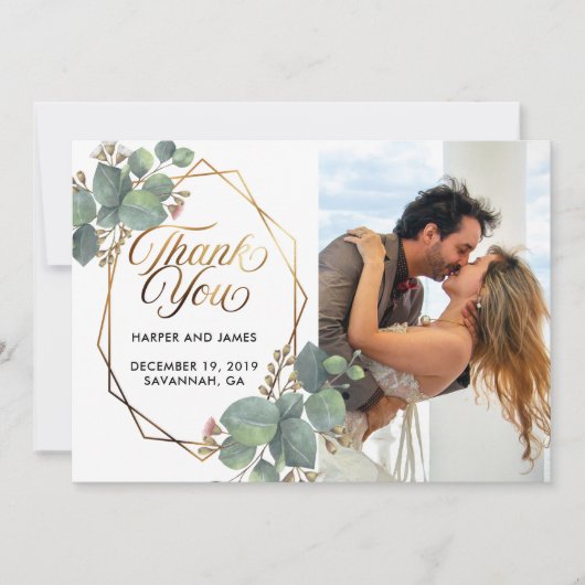 Bruiloft dank u eucalyptus fotokaart save the date (Voorkant)