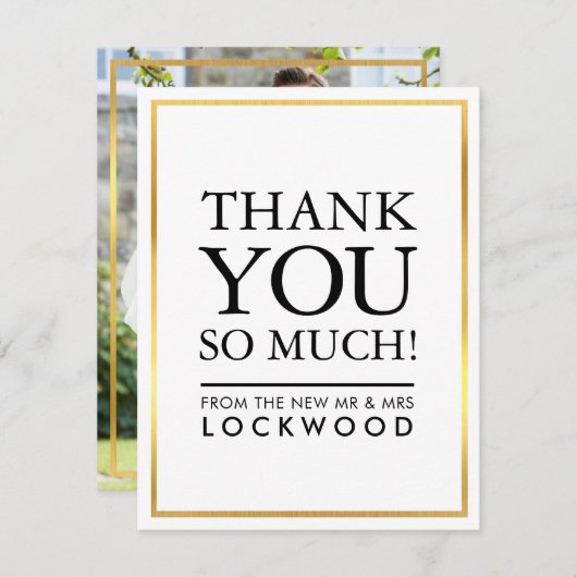 BRUILOFT DANK U foto eenvoudige gouden rand stack Bedankkaart (Voorkant / Achterkant)