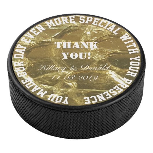 Bruiloft Dank u Namen Paar Datum Gouden Bruid Hockey Puck (3/4)