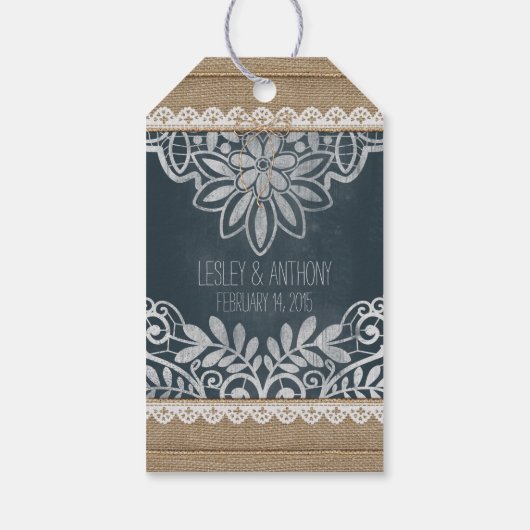 Bruiloft Dank u Rustieke Burlap Lace krijtbord Cadeaulabel (Achterkant)