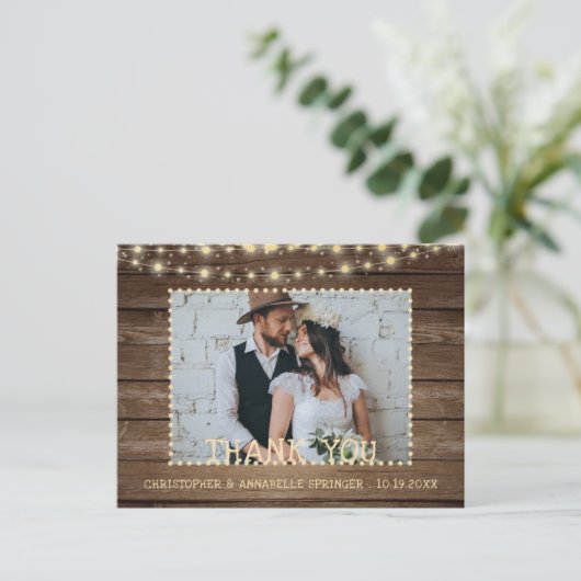 Bruiloft dank u rustieke houten string verlichting briefkaart (Staand voorkant)