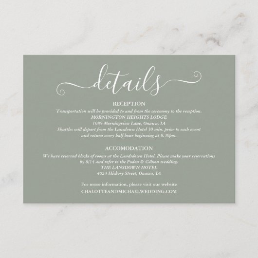 Bruiloft Details Lente Lichten Script Sage Groen Informatiekaartje (Voorkant)
