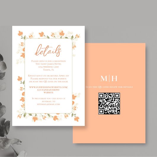 Bruiloft Details QR Code RSVP Perzik Bloemen Informatiekaartje