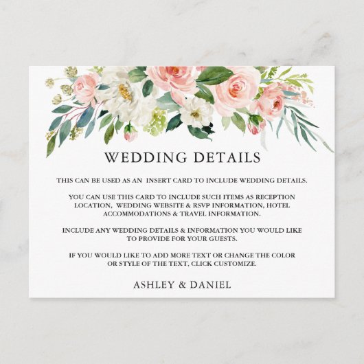 Bruiloft Details Roze Bloemen Inzetstuk Kaart (Voorkant)