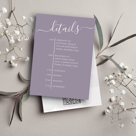 Bruiloft Details RSVP QR Code Lila Lavendel Informatiekaartje