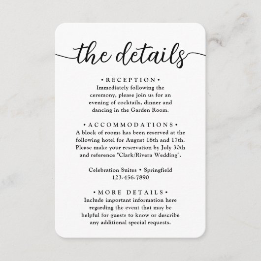 Bruiloft Details · Stijlvolle eenvoudige script en Informatiekaartje (Voorkant)
